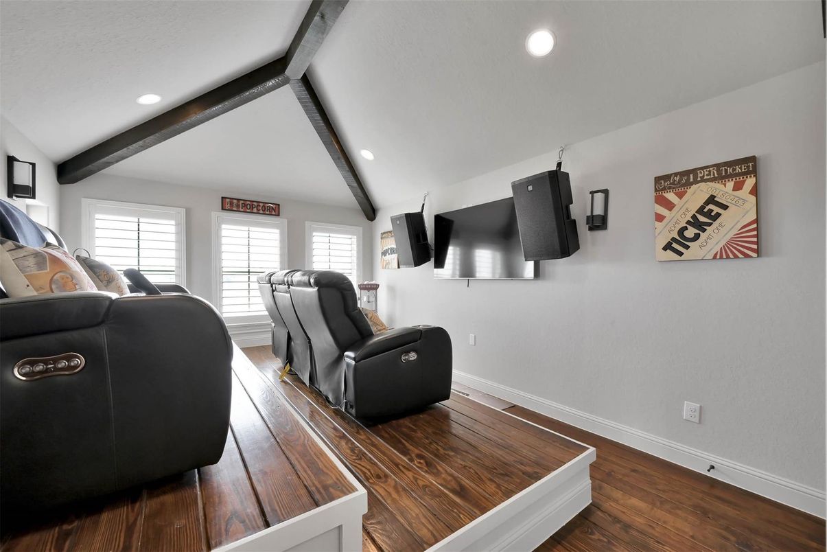 Home Theatre Room, Interior, Living room, Recessed Lighting, Wooden Beams, Wood Texture Flooring