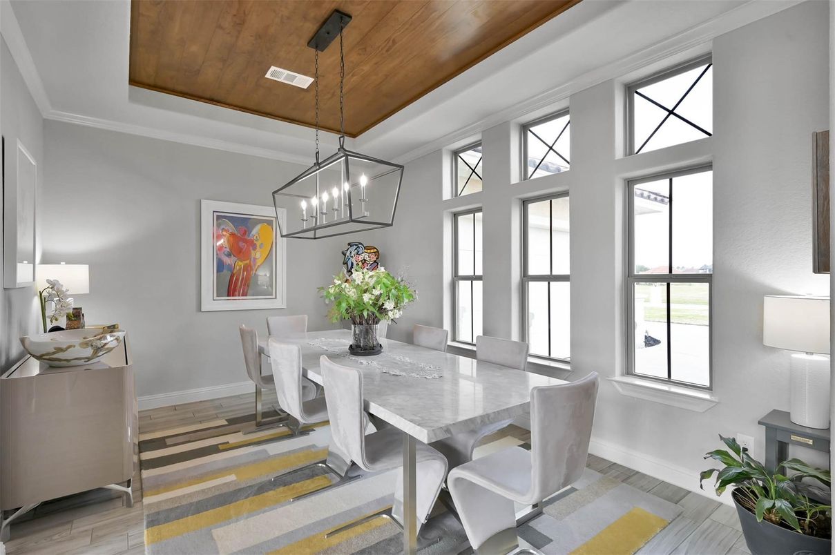 Dining room, Interior, Pendant Lights, Wooden Ceilings, Wood Texture Flooring