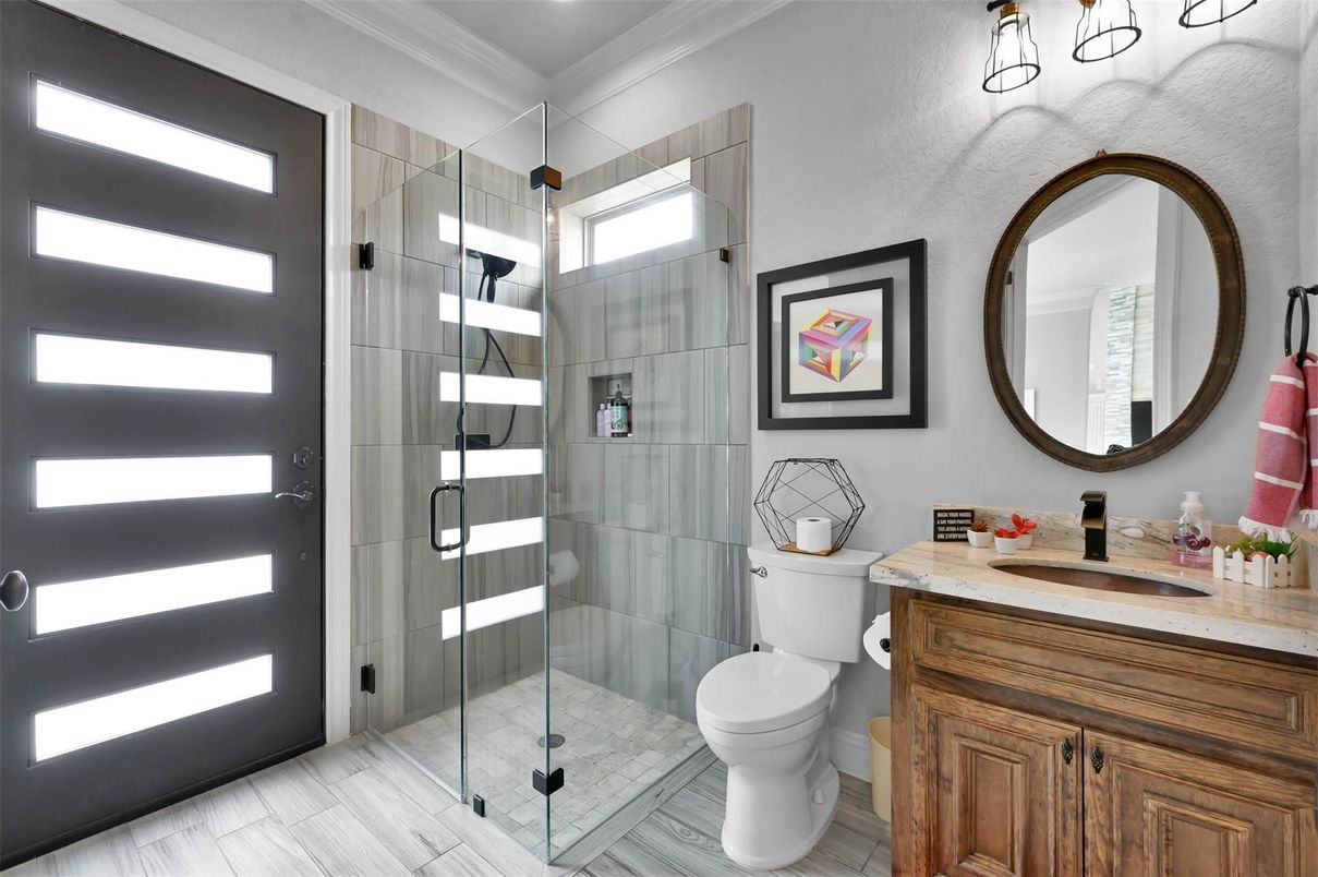Bathroom, Glass Shower, Interior, Wood Texture Flooring