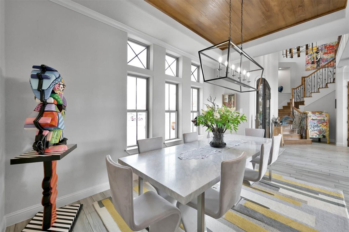 Dining room, Interior, Pendant Lights, Wooden Ceilings, Wood Texture Flooring