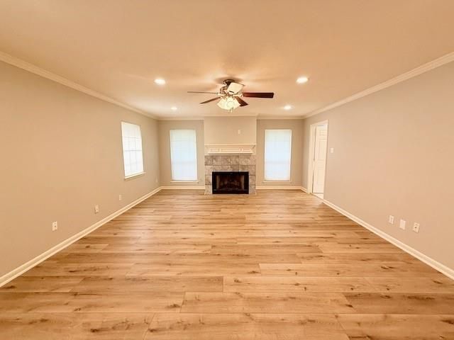 Empty room, Fireplace, Interior, Recessed Lighting, Wood Texture Flooring