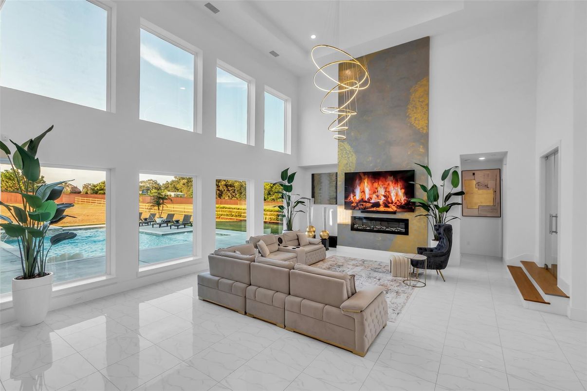 Fireplace, Interior, Living room, Marble, Pendant Lights, Recessed Lighting, Water