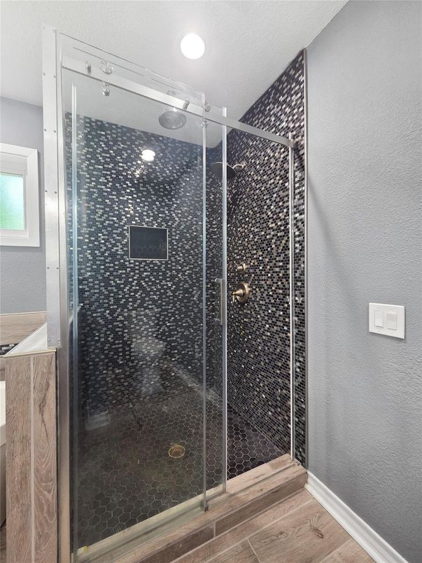 Bathroom, Glass Shower, Interior, Recessed Lighting, Wood Texture Flooring