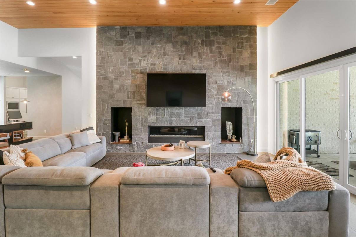 Fireplace, Interior, Living room, Recessed Lighting, Stone Walls, Wooden Ceilings