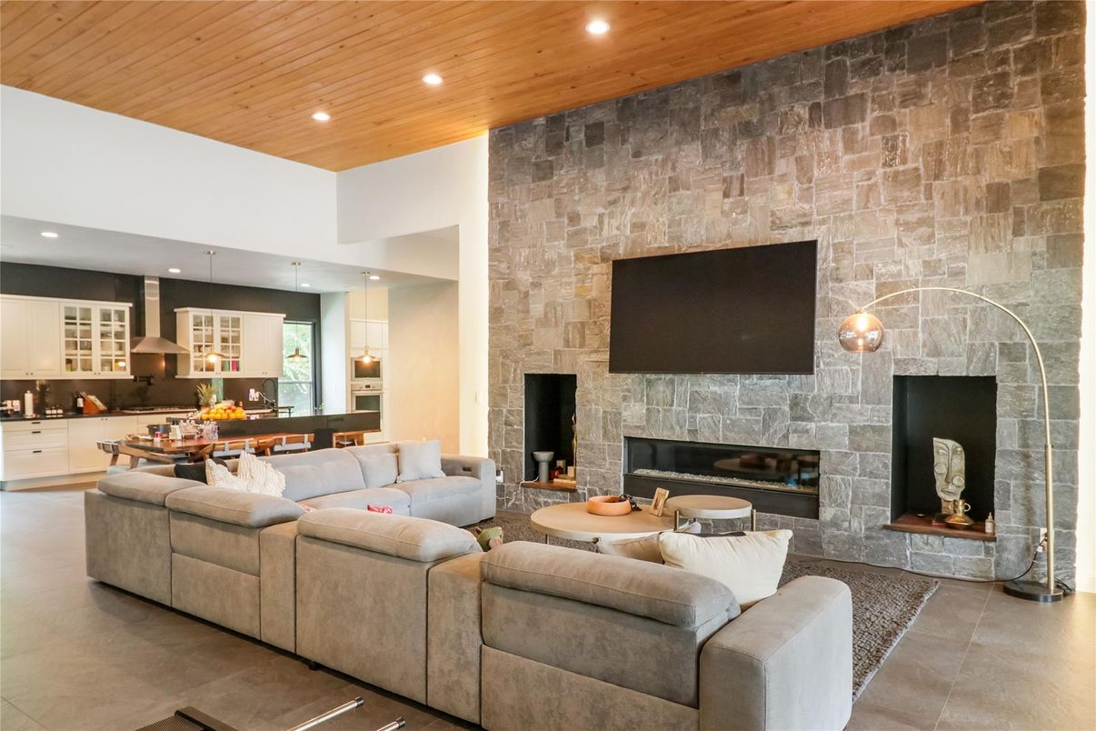 Dining room, Fireplace, Interior, Kitchen, Living room, Pendant Lights, Recessed Lighting, Stone Walls, Wooden Ceilings