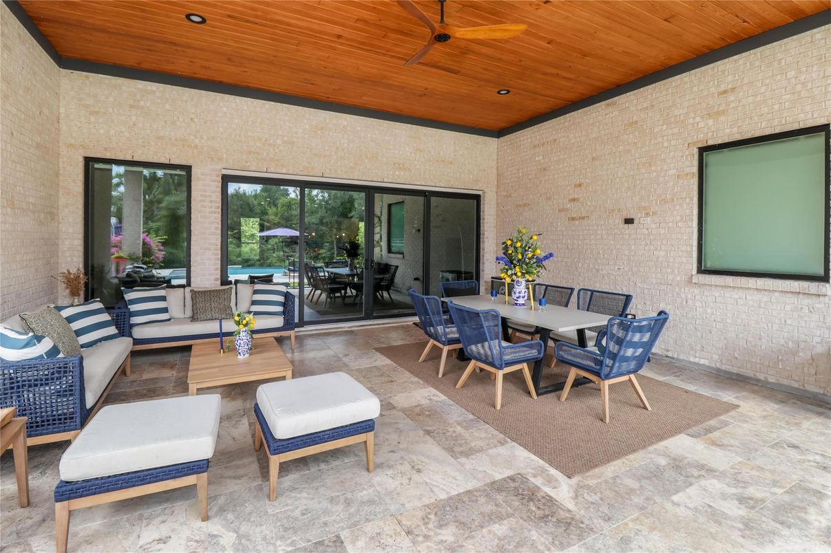 Dining room, Interior, Recessed Lighting, Stone Walls, Wooden Ceilings