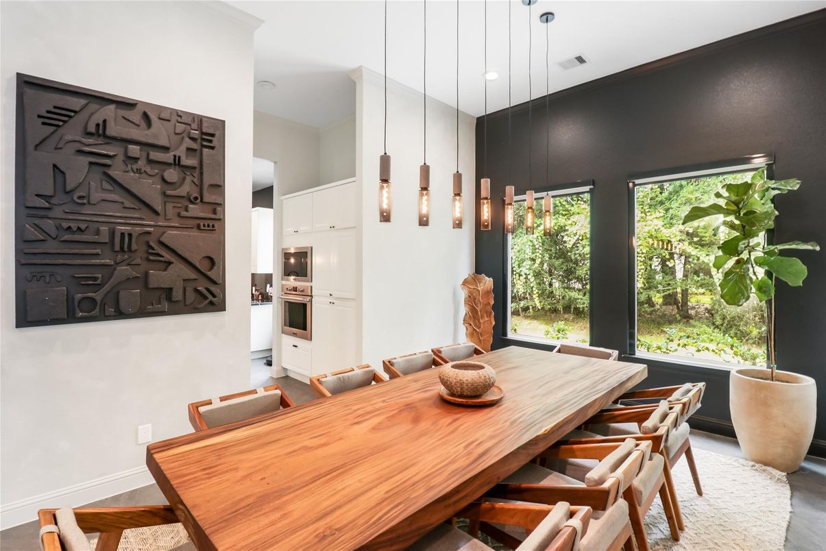 Dining room, Interior, Pendant Lights, Recessed Lighting, Wood Texture Flooring