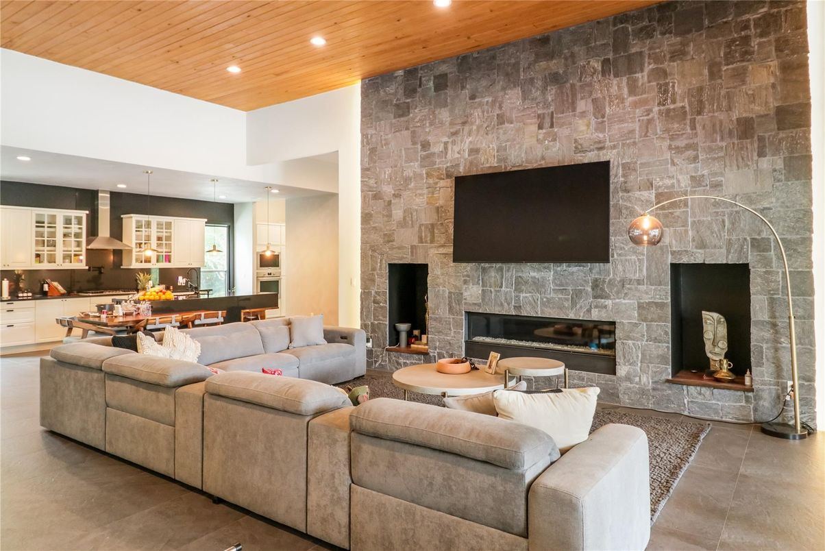 Dining room, Fireplace, Interior, Kitchen, Living room, Pendant Lights, Recessed Lighting, Stone Walls, Wooden Ceilings