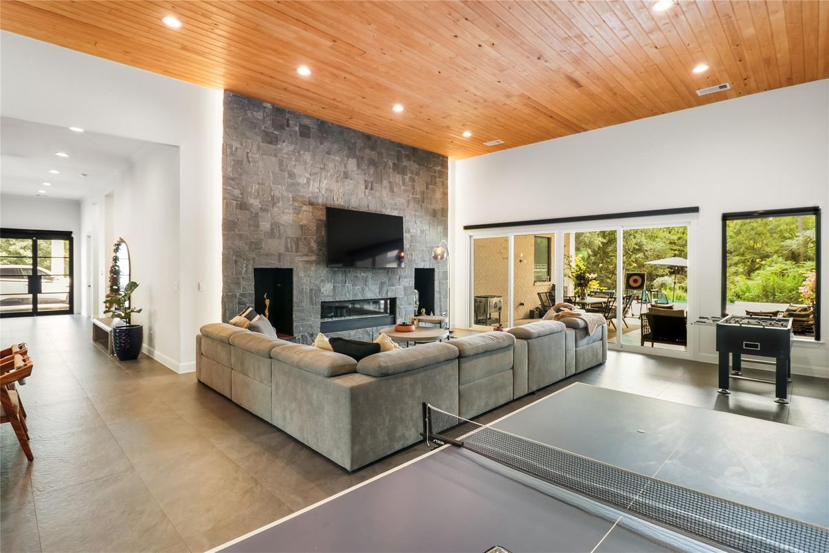 Fireplace, Interior, Living room, Recessed Lighting, Stone Walls, Wooden Ceilings