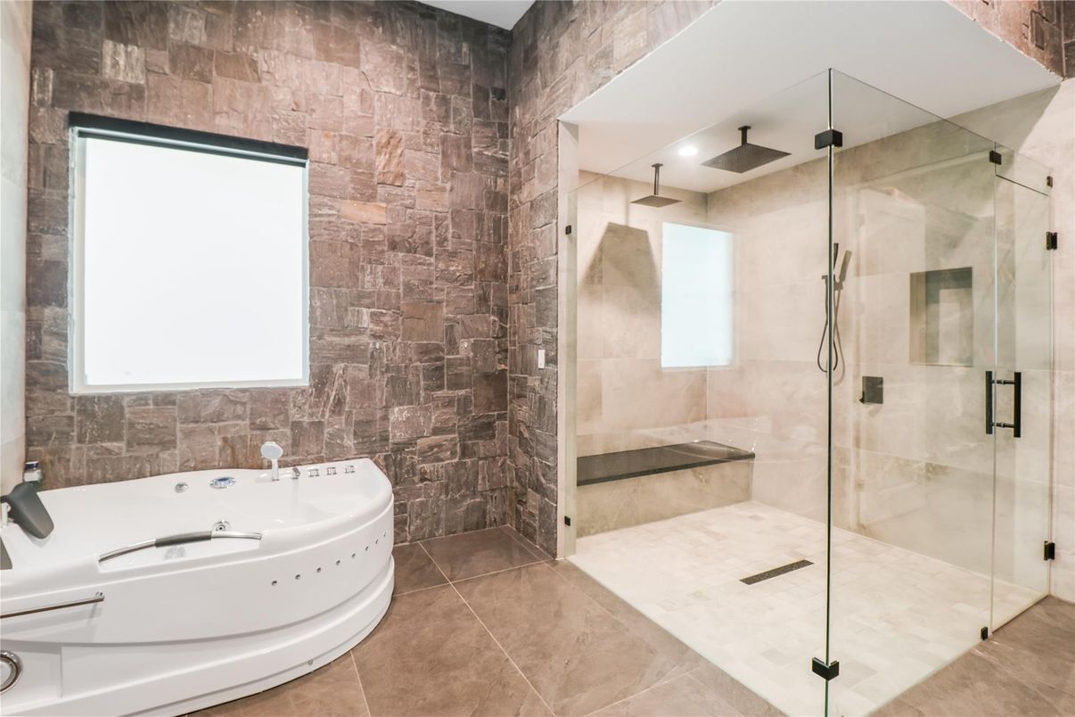 Bathroom, Glass Shower, Interior, Recessed Lighting, Stone Walls