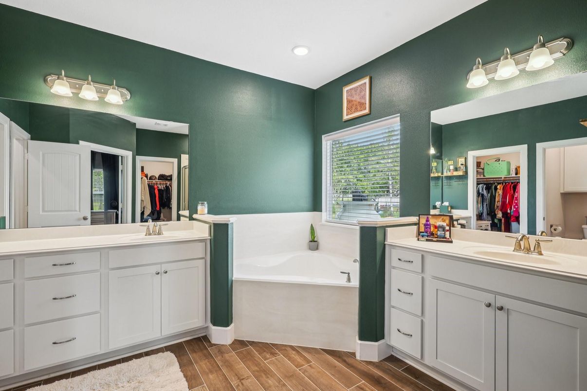 Bathroom, Dual Sink Vanities, Interior, Recessed Lighting, Wood Texture Flooring