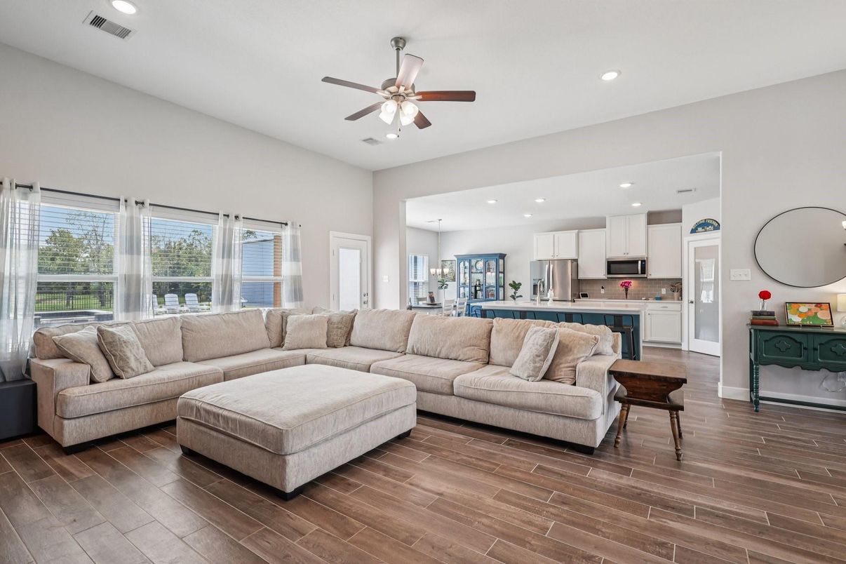 Interior, Kitchen, Living room, Recessed Lighting, Stainless Steel Appliances, Wood Texture Flooring