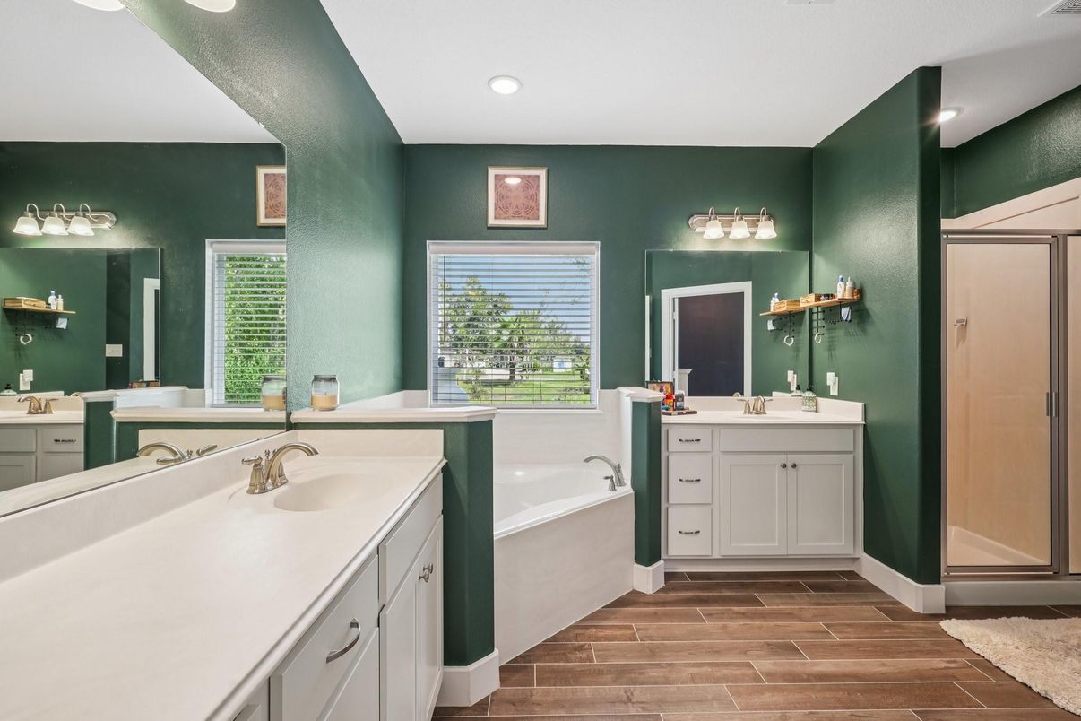 Bathroom, Dual Sink Vanities, Interior, Recessed Lighting, Wood Texture Flooring