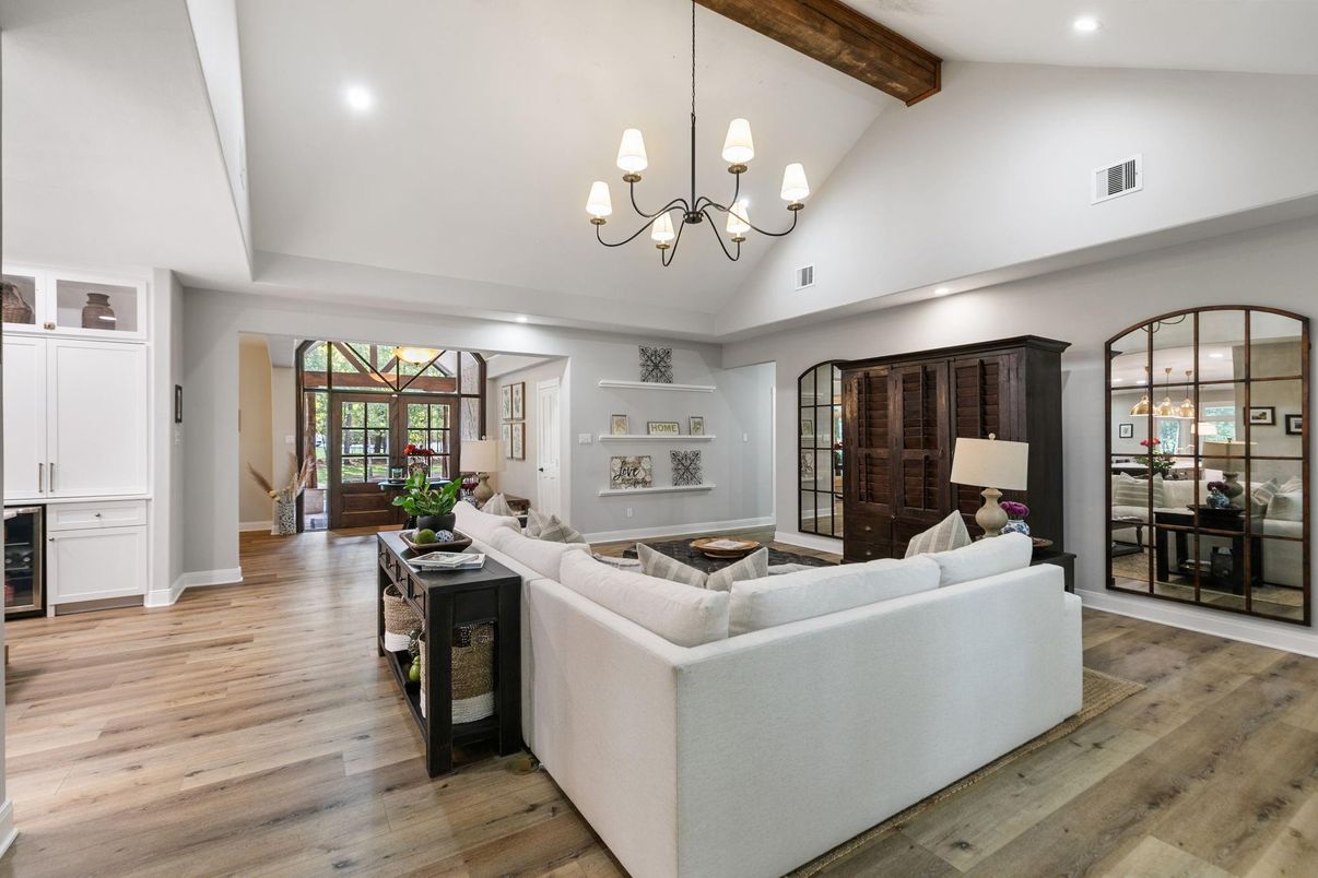 Chandelier, Interior, Living room, Recessed Lighting, Wooden Beams, Wood Texture Flooring