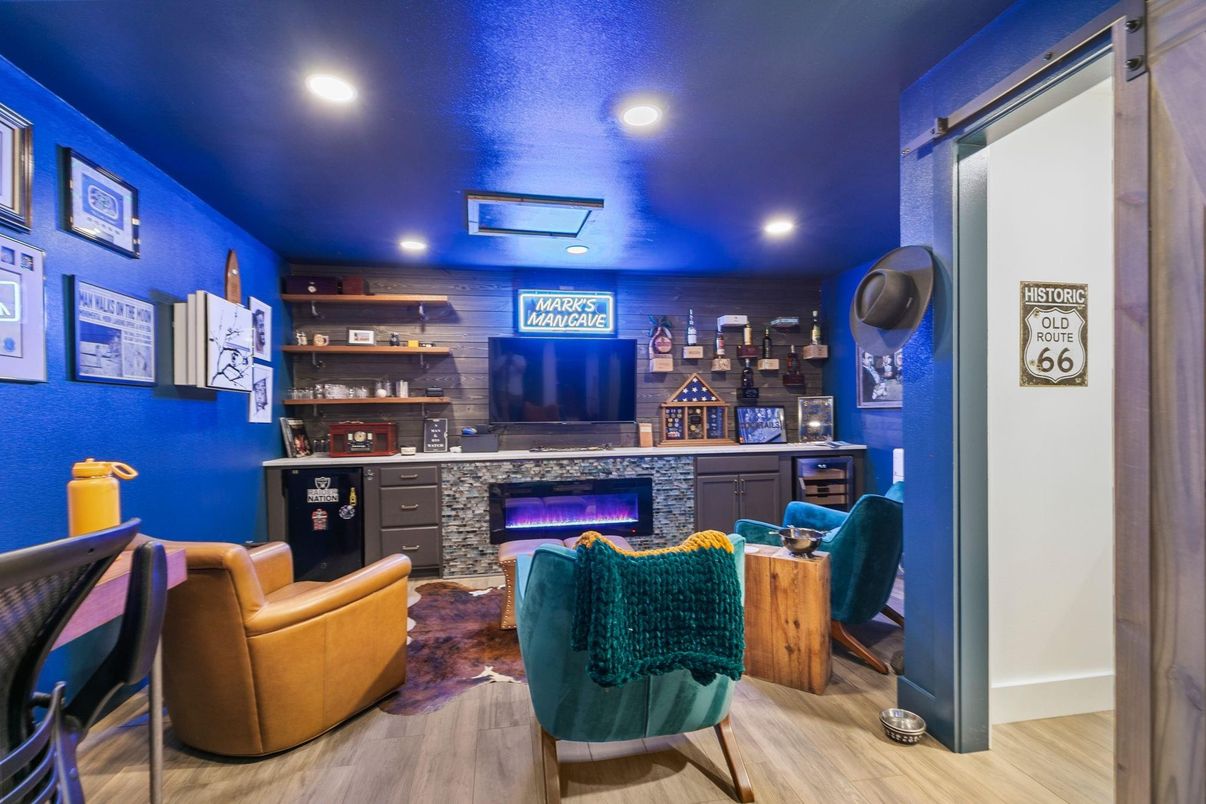 Fireplace, Interior, Recessed Lighting, Wood Texture Flooring, Wooden Walls