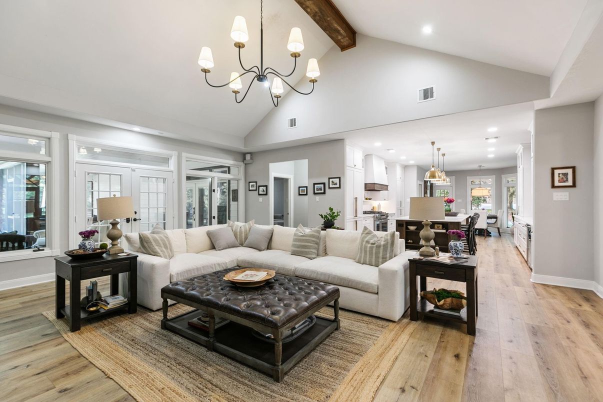 Chandelier, Dining room, Interior, Kitchen, Living room, Pendant Lights, Recessed Lighting, Wooden Beams, Wood Texture Flooring