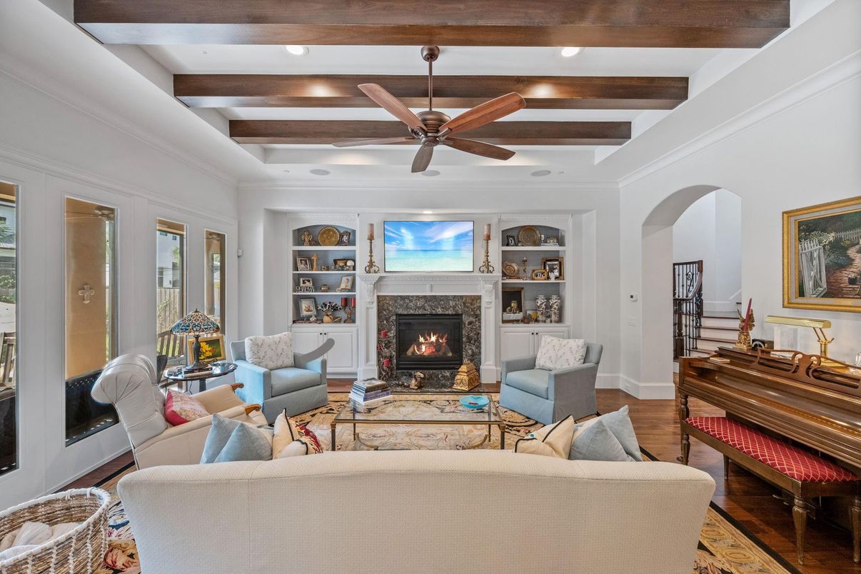 Fireplace, Interior, Living room, Piano, Recessed Lighting, Wooden Beams, Wood Texture Flooring