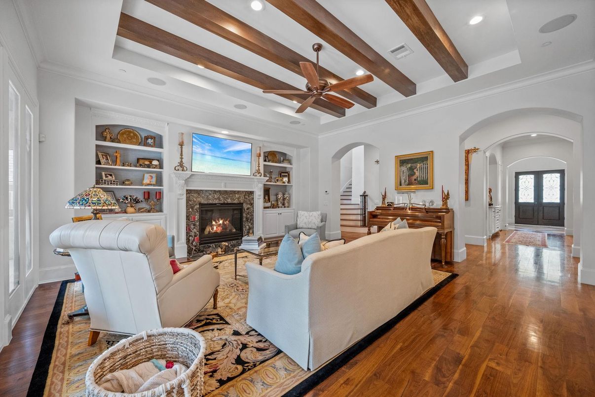Fireplace, Interior, Living room, Recessed Lighting, Wooden Beams, Wood Texture Flooring