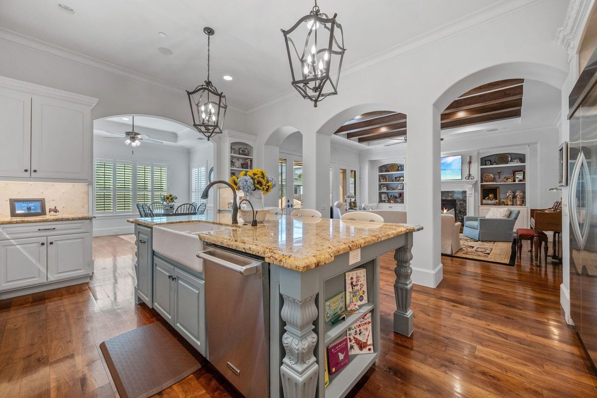 Chandelier, Fireplace, Interior, Kitchen, Pendant Lights, Recessed Lighting, Wood Texture Flooring