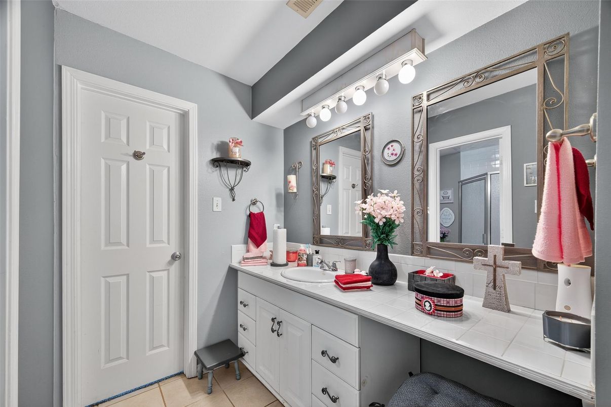 Bathroom, Dual Sink Vanities, Interior, Tile Countertops