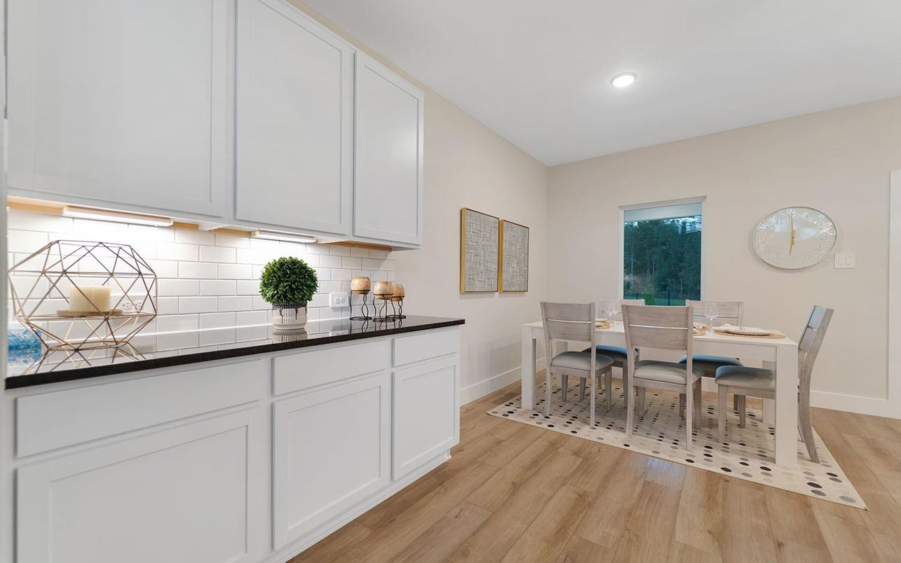 Dining room, Interior, Recessed Lighting, Wood Texture Flooring