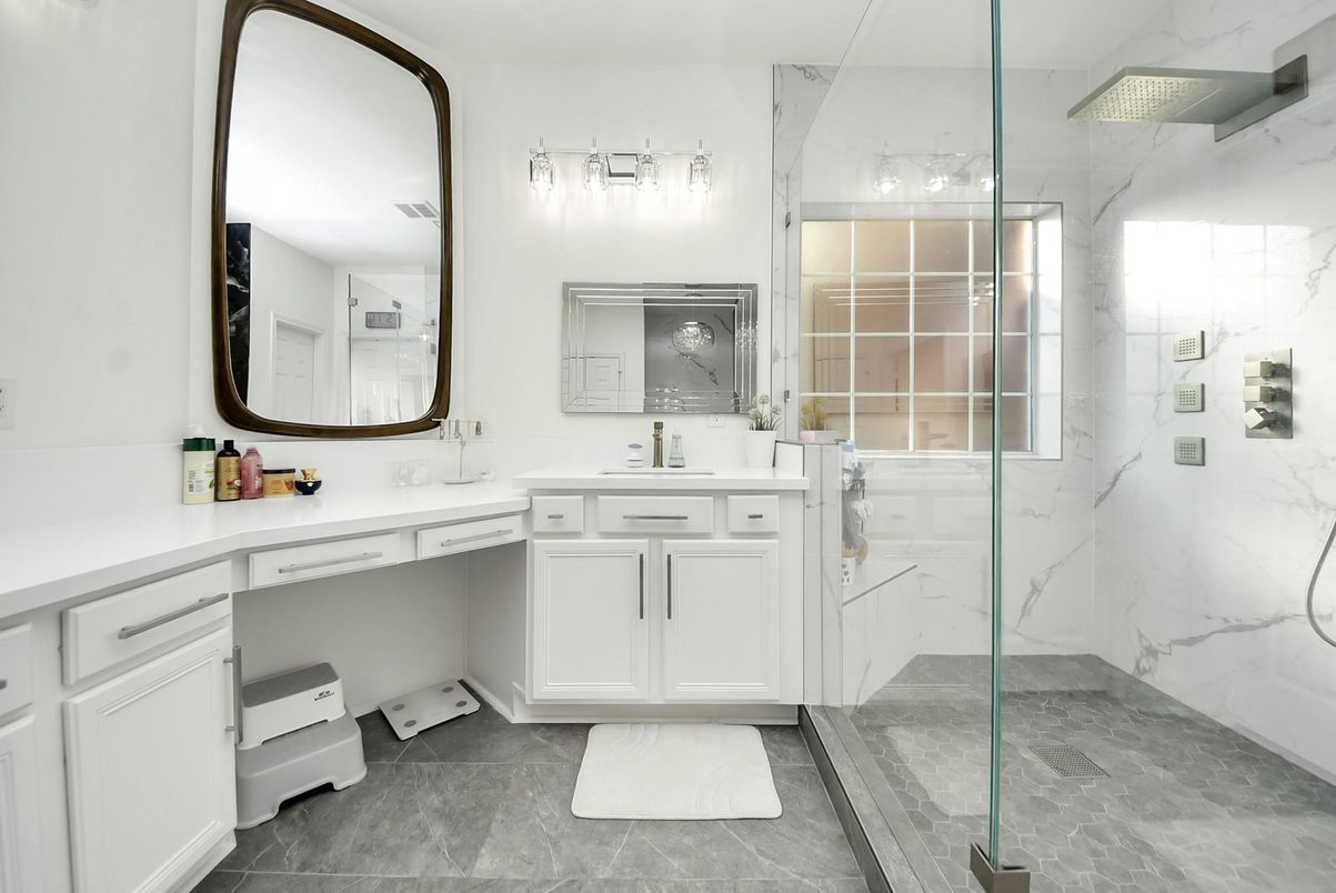 Bathroom, Dual Sink Vanities, Glass Shower, Interior, Marble Walls