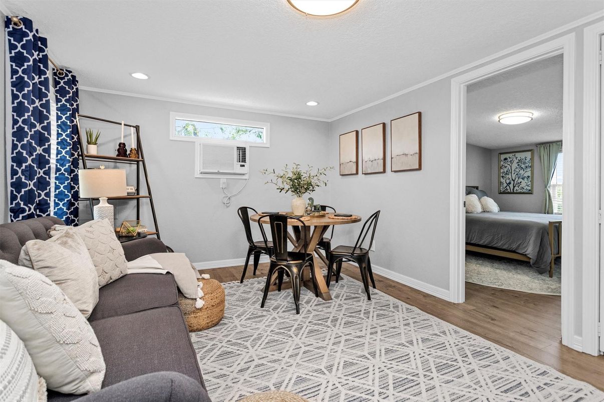 Bedroom, Dining room, Interior, Recessed Lighting, Wood Texture Flooring