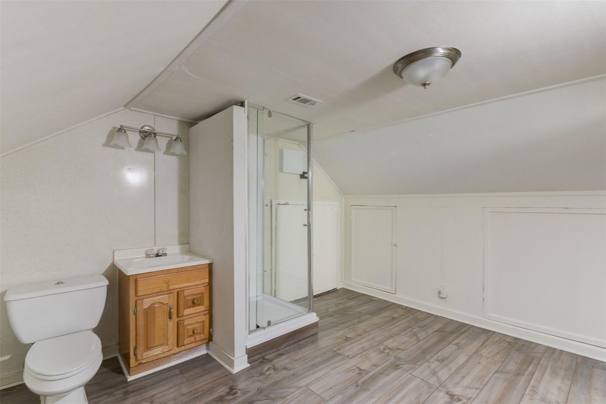 Bathroom, Glass Shower, Interior, Wood Texture Flooring