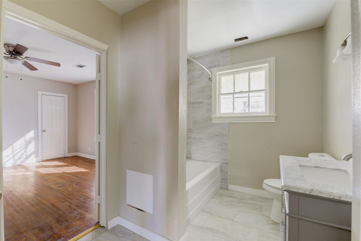 Bathroom, Interior, Marble Walls, Wood Texture Flooring