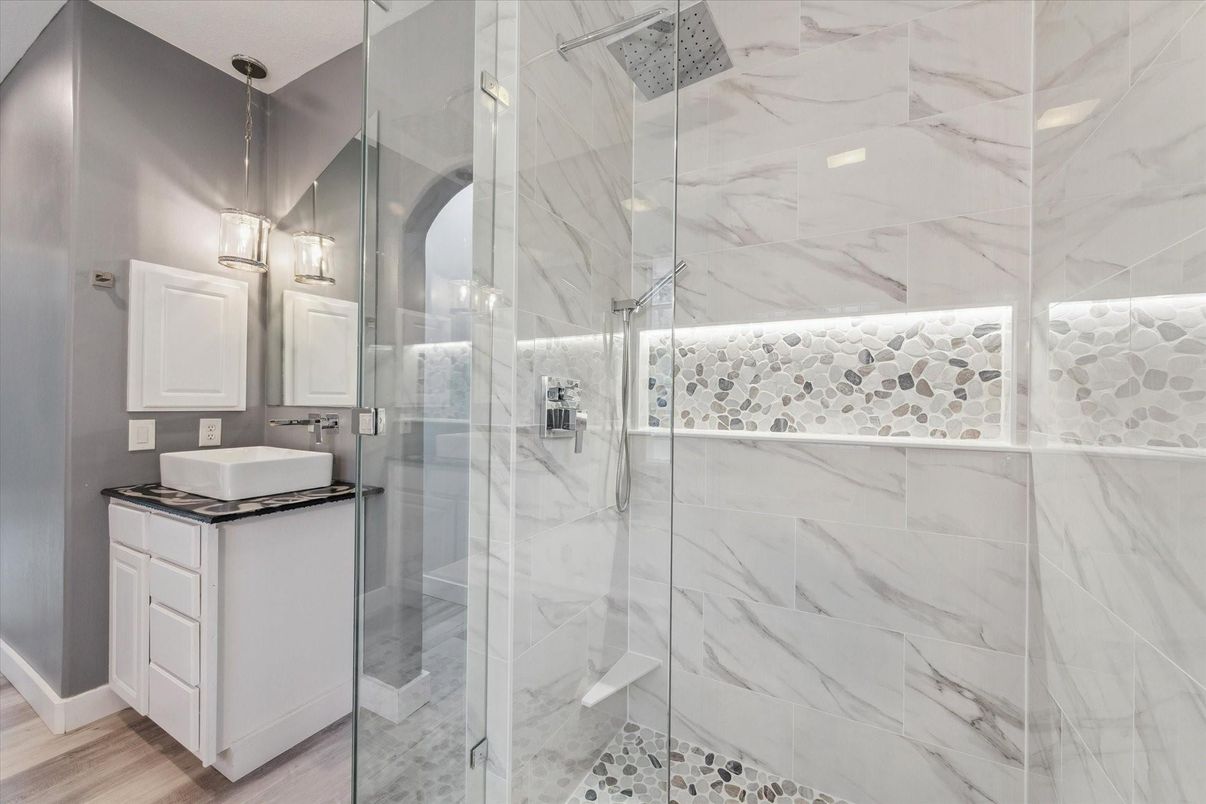 Bathroom, Glass Shower, Interior, Marble Walls, Wood Texture Flooring