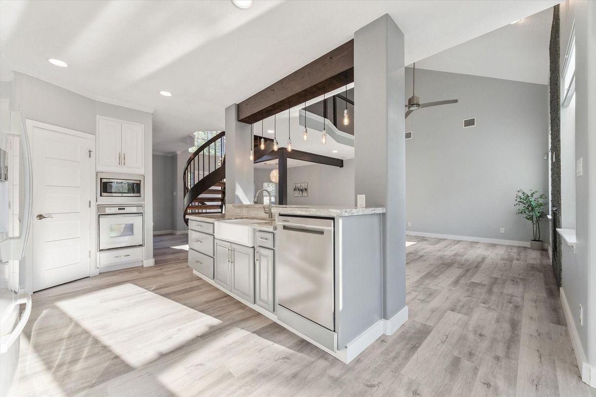 Interior, Kitchen, Pendant Lights, Recessed Lighting, Stainless Steel Appliances, Wood Texture Flooring