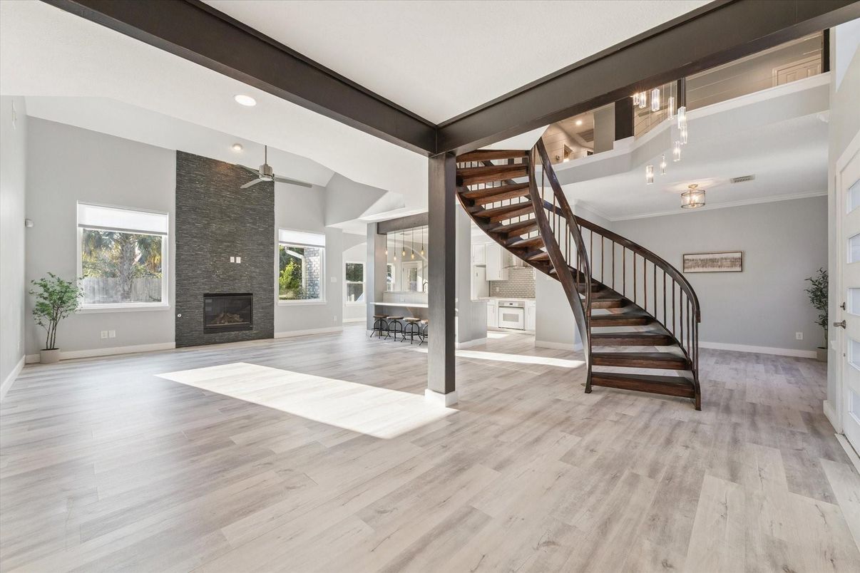 Fireplace, Interior, Recessed Lighting, Wood Texture Flooring