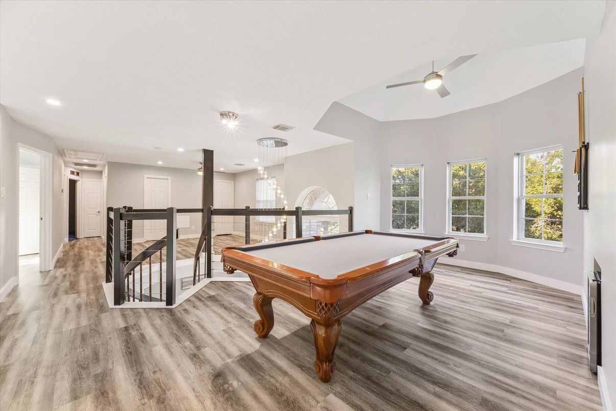 Billiard Table, Game Room, Interior, Pendant Lights, Recessed Lighting, Wood Texture Flooring