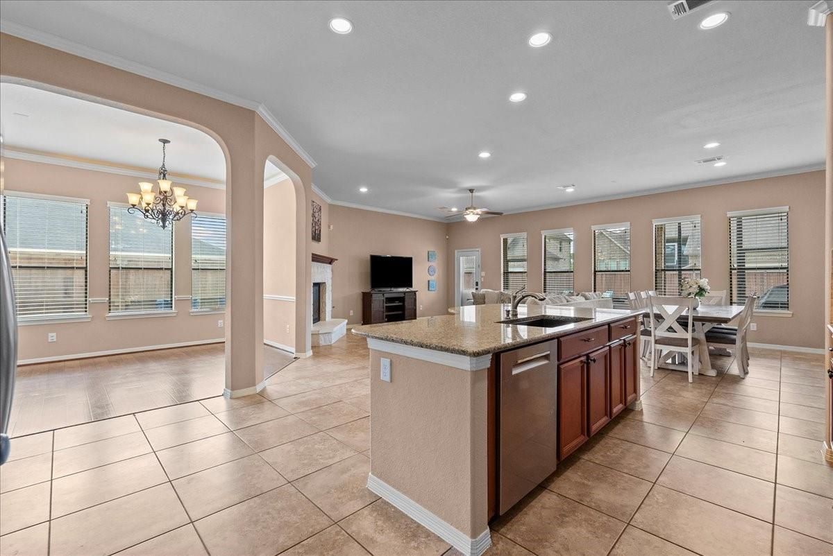 Chandelier, Dining room, Fireplace, Interior, Kitchen, Recessed Lighting