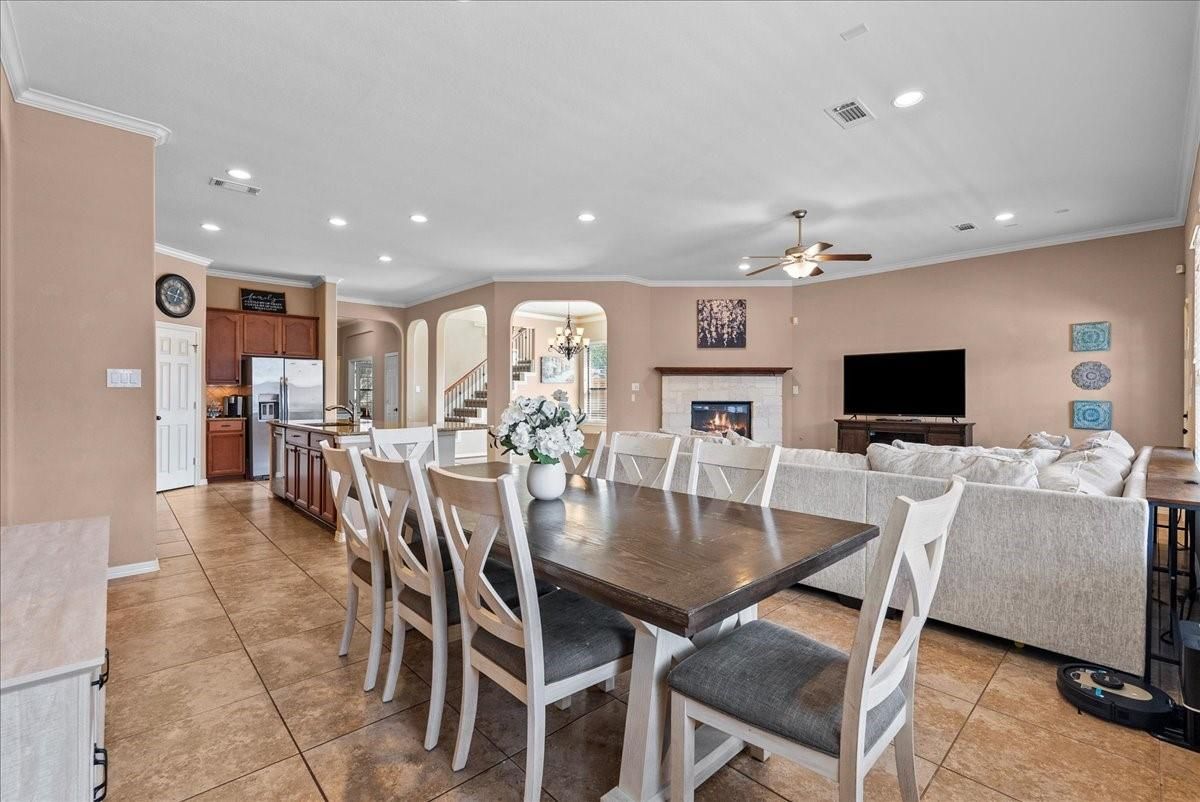 Dining room, Fireplace, Interior, Kitchen, Living room, Recessed Lighting
