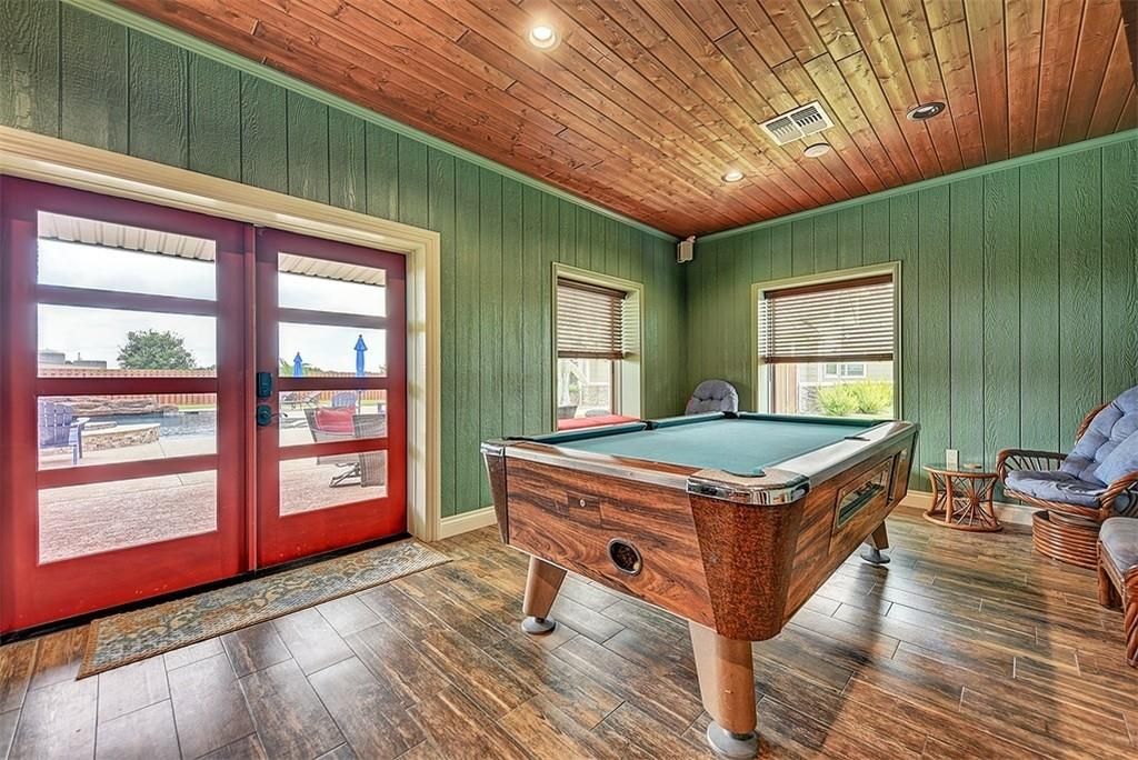 Billiard Table, Game Room, Interior, Recessed Lighting, Wooden Ceilings, Wood Texture Flooring