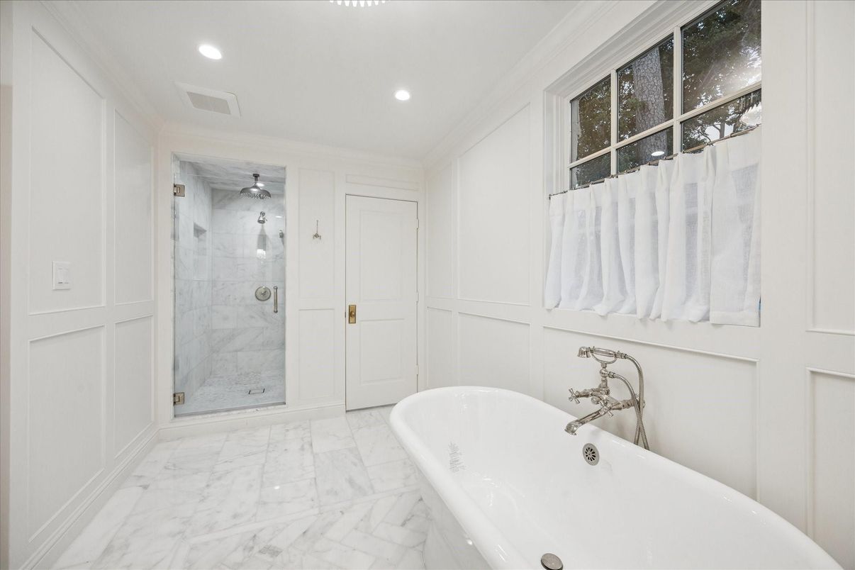 Bathroom, Glass Shower, Interior, Marble, Marble Walls, Recessed Lighting