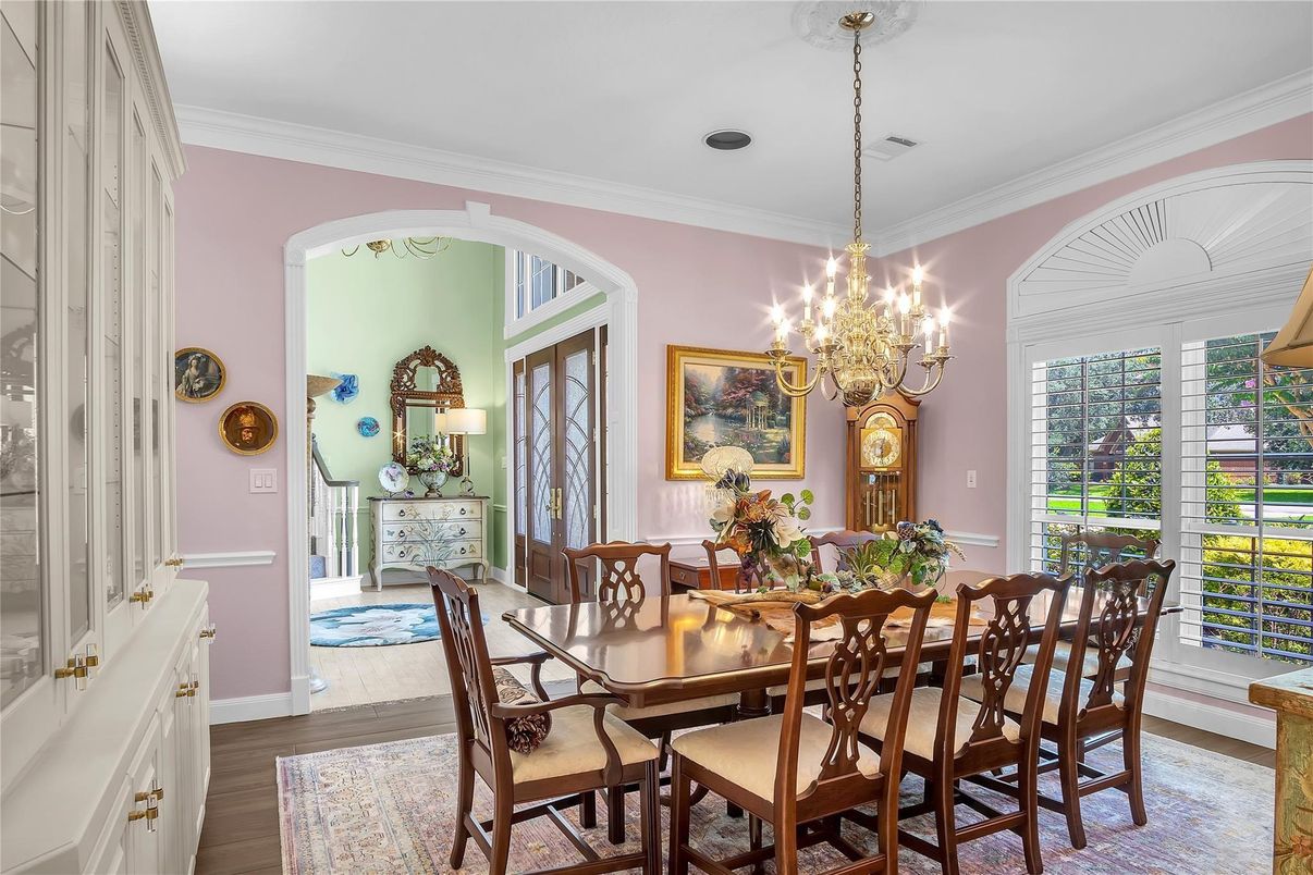 Chandelier, Dining room, Interior, Wood Texture Flooring
