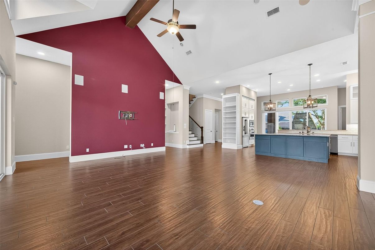 Empty room, Interior, Kitchen, Pendant Lights, Recessed Lighting, Wooden Beams, Wood Texture Flooring