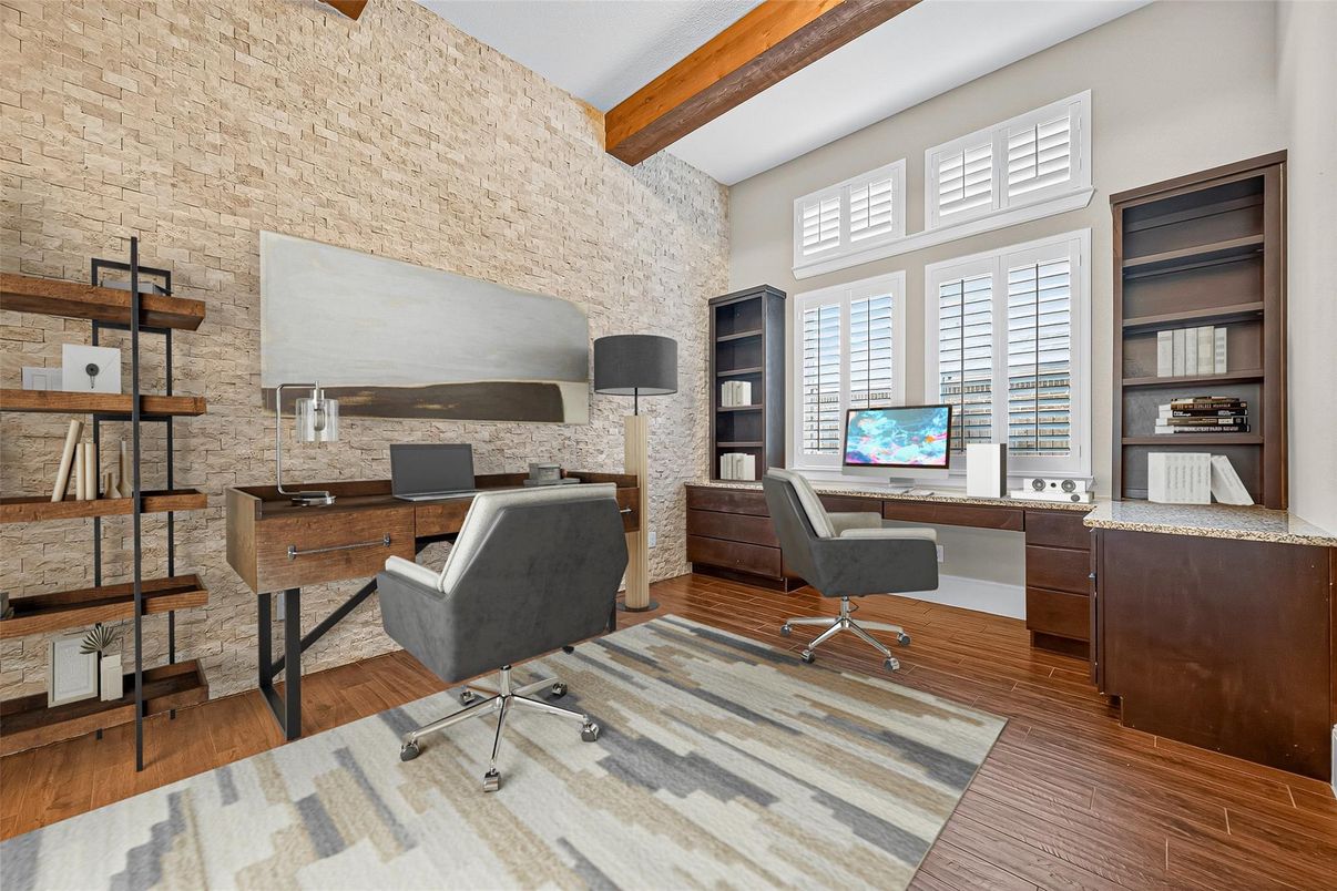Home Office, Interior, Stone Walls, Wooden Beams, Wood Texture Flooring