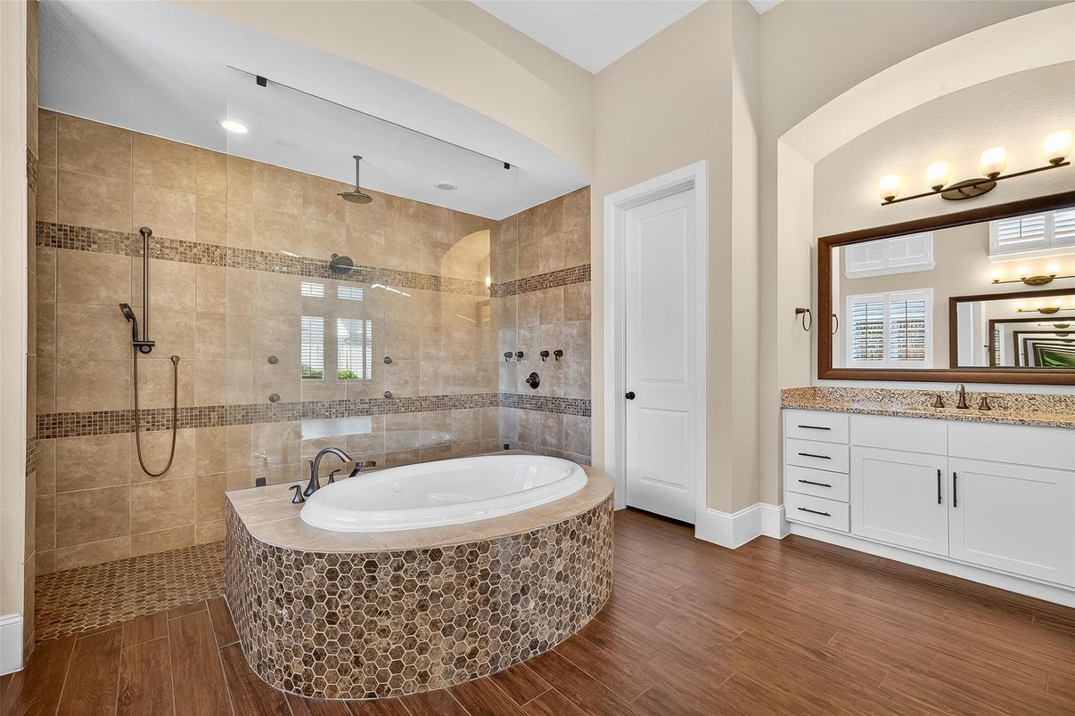 Bathroom, Glass Shower, Interior, Recessed Lighting, Wood Texture Flooring
