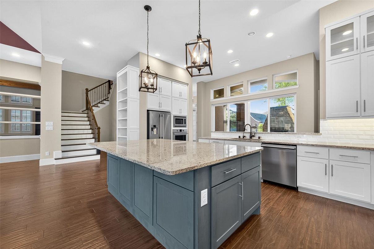 Interior, Kitchen, Pendant Lights, Recessed Lighting, Stainless Steel Appliances, Wood Texture Flooring