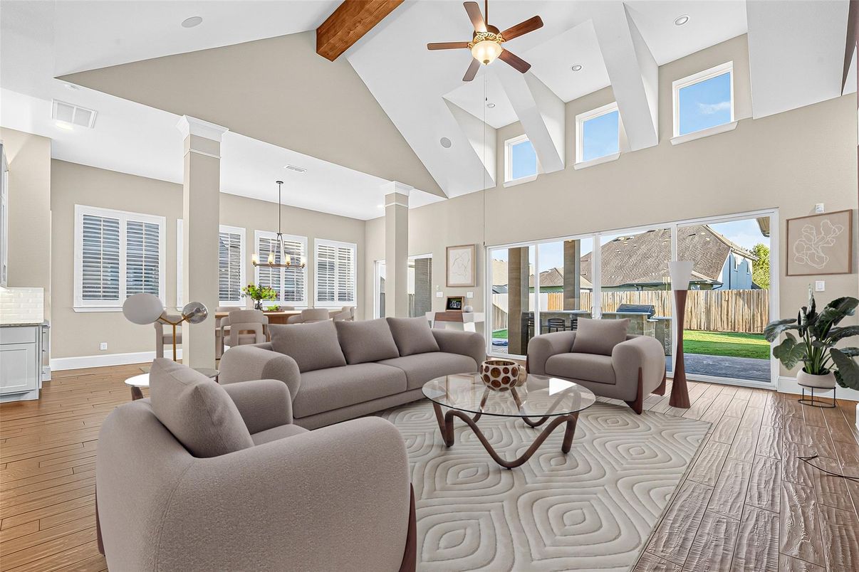 Dining room, Interior, Living room, Pendant Lights, Recessed Lighting, Wooden Beams, Wood Texture Flooring