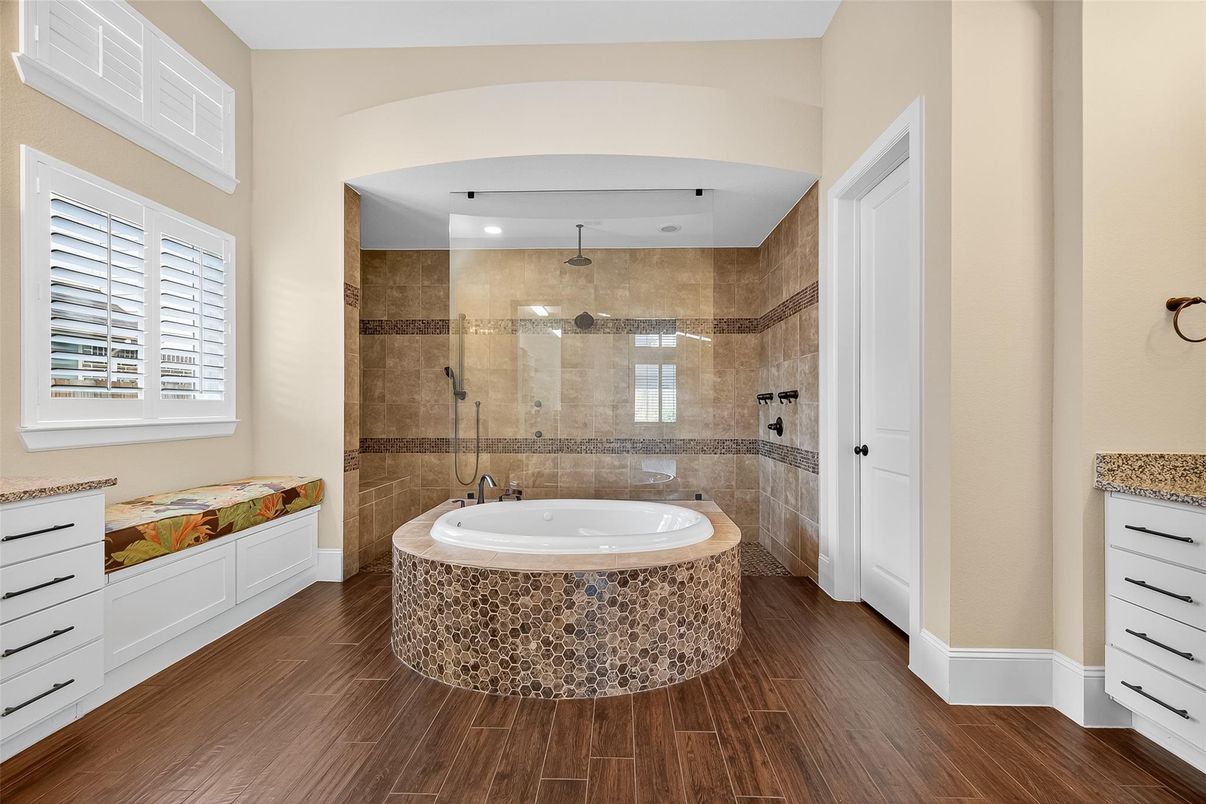 Bathroom, Glass Shower, Interior, Recessed Lighting, Wood Texture Flooring