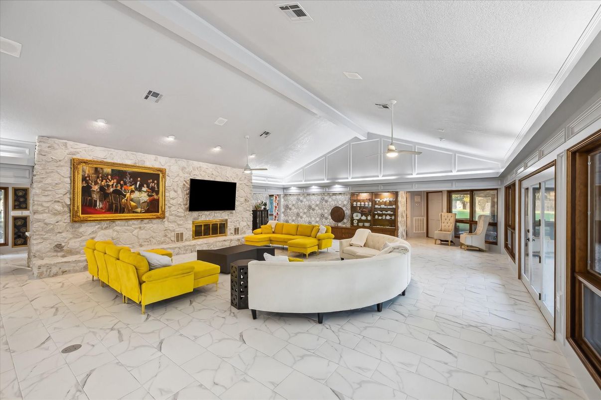 Fireplace, Interior, Living room, Marble, Pendant Lights, Recessed Lighting, Stone Walls