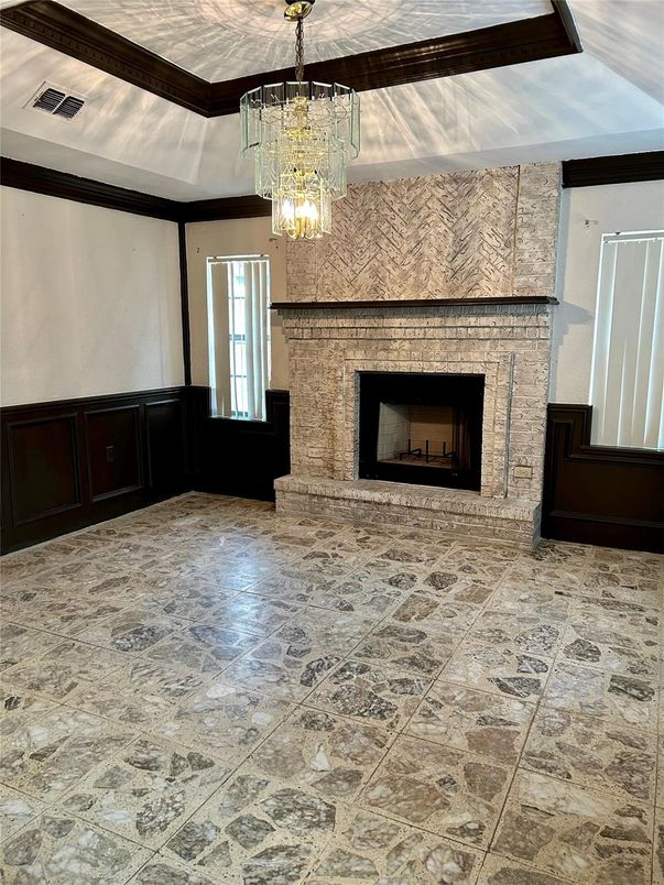 Chandelier, Empty room, Fireplace, Interior