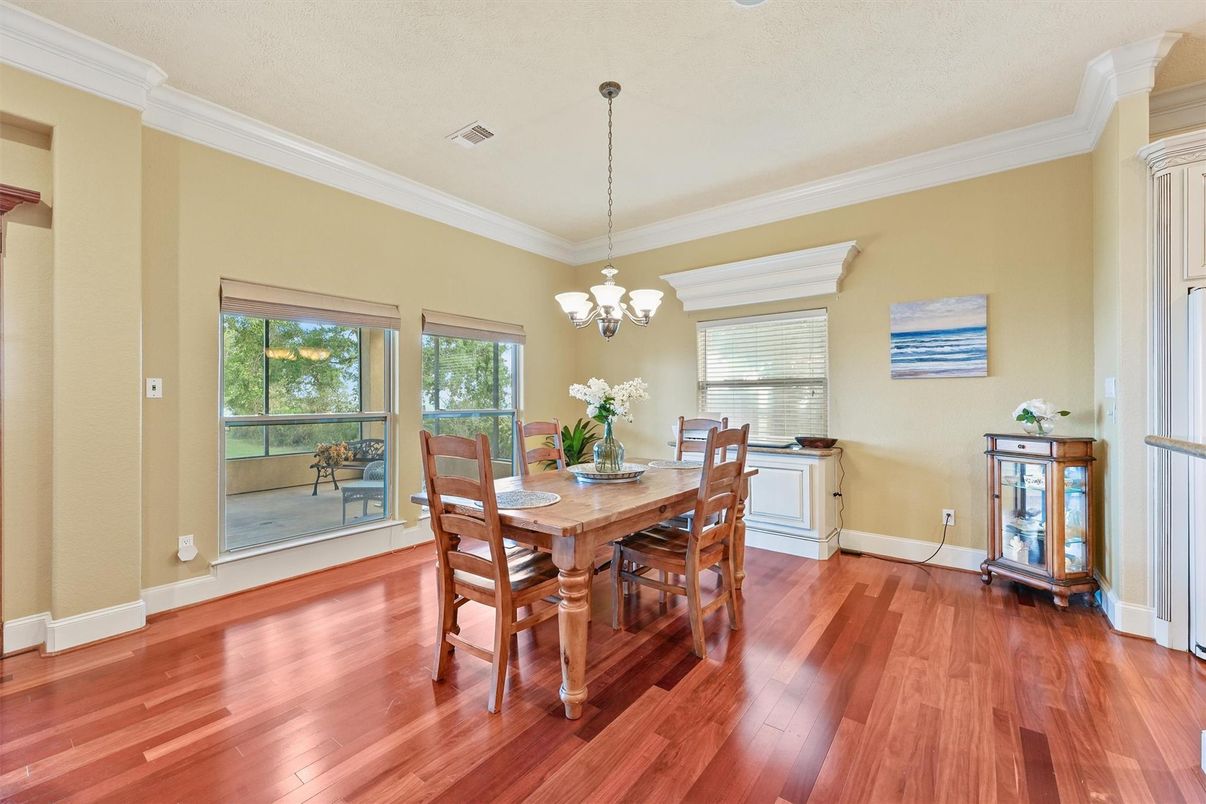 Chandelier, Dining room, Interior, Pendant Lights, Wood Texture Flooring