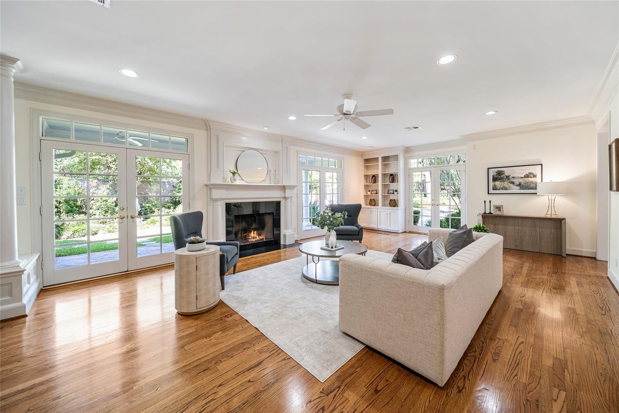 Fireplace, Interior, Living room, Recessed Lighting, Wood Texture Flooring