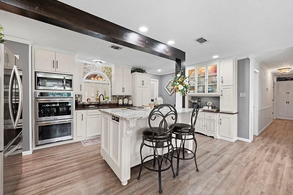 Interior, Kitchen, Recessed Lighting, Stainless Steel Appliances, Wooden Beams, Wood Texture Flooring