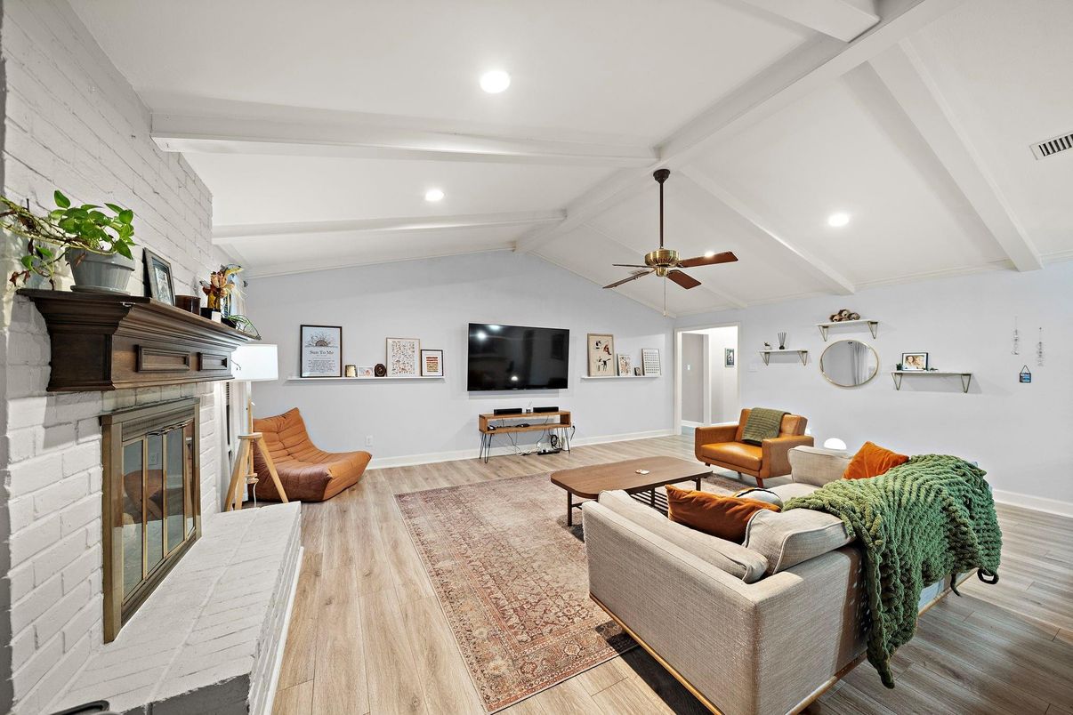 Fireplace, Interior, Living room, Recessed Lighting, Wood Texture Flooring